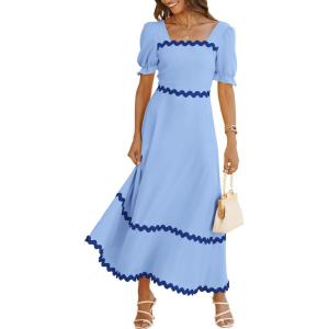 imageBTFBM Women 2025 Summer Square Neck Short Puff Sleeve Dress Casual RIic Rac Tie Back Smocked Wedding Guest Maxi DressesSolid Blue Dark Blue