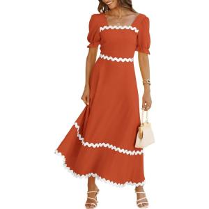 imageBTFBM Women 2025 Summer Square Neck Short Puff Sleeve Dress Casual RIic Rac Tie Back Smocked Wedding Guest Maxi DressesSolid Brick Red