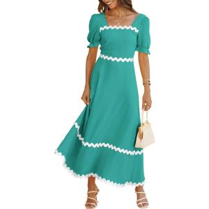 imageBTFBM Women 2025 Summer Square Neck Short Puff Sleeve Dress Casual RIic Rac Tie Back Smocked Wedding Guest Maxi DressesSolid Lake Blue