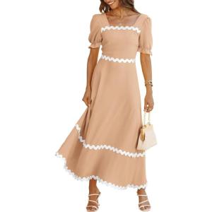 imageBTFBM Women 2025 Summer Square Neck Short Puff Sleeve Dress Casual RIic Rac Tie Back Smocked Wedding Guest Maxi DressesSolid Light Khaki