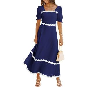 imageBTFBM Women 2025 Summer Square Neck Short Puff Sleeve Dress Casual RIic Rac Tie Back Smocked Wedding Guest Maxi DressesSolid Navy