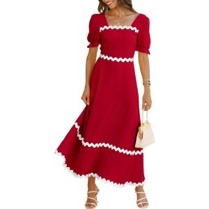imageBTFBM Women 2025 Summer Square Neck Short Puff Sleeve Dress Casual RIic Rac Tie Back Smocked Wedding Guest Maxi DressesSolid Red