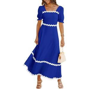 imageBTFBM Women 2025 Summer Square Neck Short Puff Sleeve Dress Casual RIic Rac Tie Back Smocked Wedding Guest Maxi DressesSolid Royal Blue