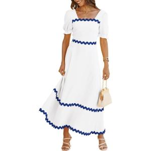 imageBTFBM Women 2025 Summer Square Neck Short Puff Sleeve Dress Casual RIic Rac Tie Back Smocked Wedding Guest Maxi DressesSolid White Blue