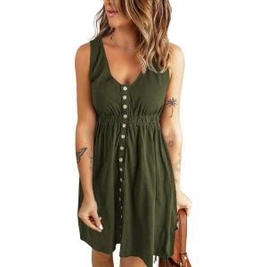imageBTFBM Women Sleeveless Summer Dress 2025 Crewneck Ribbed Knit Ruffle Swing Button Down Beach Sun Mini Tank Short DressesButtons Army Green