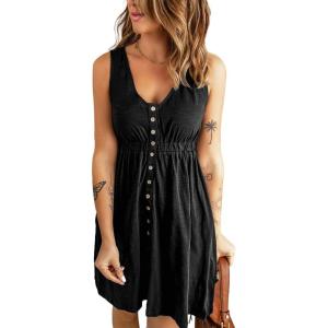 imageBTFBM Women Sleeveless Summer Dress 2025 Crewneck Ribbed Knit Ruffle Swing Button Down Beach Sun Mini Tank Short DressesButtons Black