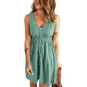 imageBTFBM Women Sleeveless Summer Dress 2025 Crewneck Ribbed Knit Ruffle Swing Button Down Beach Sun Mini Tank Short DressesButtons Fruit Green