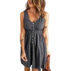 imageBTFBM Women Sleeveless Summer Dress 2025 Crewneck Ribbed Knit Ruffle Swing Button Down Beach Sun Mini Tank Short DressesButtons Grey