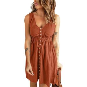 imageBTFBM Women Sleeveless Summer Dress 2025 Crewneck Ribbed Knit Ruffle Swing Button Down Beach Sun Mini Tank Short DressesButtons Orange Red