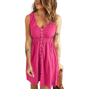imageBTFBM Women Sleeveless Summer Dress 2025 Crewneck Ribbed Knit Ruffle Swing Button Down Beach Sun Mini Tank Short DressesButtons Rose Red