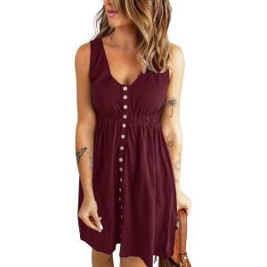 imageBTFBM Women Sleeveless Summer Dress 2025 Crewneck Ribbed Knit Ruffle Swing Button Down Beach Sun Mini Tank Short DressesButtons Wine Red