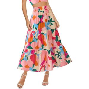imageBTFBM Womens Floral Print Midi Maxi Skirts 2025 Summer Casual Aline Elastic High Waist Pleated Flowy Long Skirt PocketsFloral Apricot Rose Red