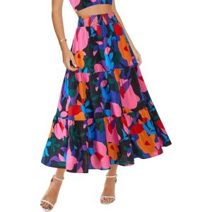 imageBTFBM Womens Floral Print Midi Maxi Skirts 2025 Summer Casual Aline Elastic High Waist Pleated Flowy Long Skirt PocketsFloral Black