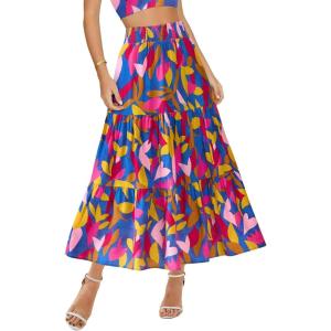 imageBTFBM Womens Floral Print Midi Maxi Skirts 2025 Summer Casual Aline Elastic High Waist Pleated Flowy Long Skirt PocketsFloral Blue
