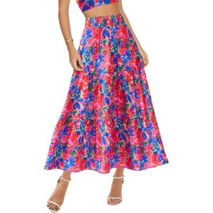 imageBTFBM Womens Floral Print Midi Maxi Skirts 2025 Summer Casual Aline Elastic High Waist Pleated Flowy Long Skirt PocketsFloral Blue Pink