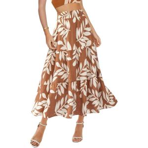 imageBTFBM Womens Floral Print Midi Maxi Skirts 2025 Summer Casual Aline Elastic High Waist Pleated Flowy Long Skirt PocketsFloral Khaki