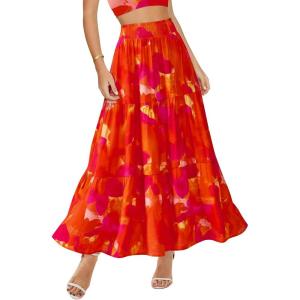 imageBTFBM Womens Floral Print Midi Maxi Skirts 2025 Summer Casual Aline Elastic High Waist Pleated Flowy Long Skirt PocketsFloral Red