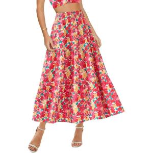 imageBTFBM Womens Floral Print Midi Maxi Skirts 2025 Summer Casual Aline Elastic High Waist Pleated Flowy Long Skirt PocketsFloral Red Yellow