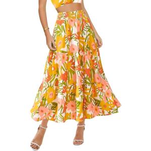 imageBTFBM Womens Floral Print Midi Maxi Skirts 2025 Summer Casual Aline Elastic High Waist Pleated Flowy Long Skirt PocketsFloral White Yellow