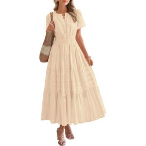 imageBTFBM Womens Summer 2025 Casual Midi Maxi Dresses Lightweight Short Sleeve V Neck Elastic Waist Boho Beach Dress PocketsApricot