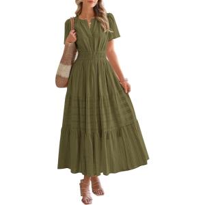 imageBTFBM Womens Summer 2025 Casual Midi Maxi Dresses Lightweight Short Sleeve V Neck Elastic Waist Boho Beach Dress PocketsArmy Green
