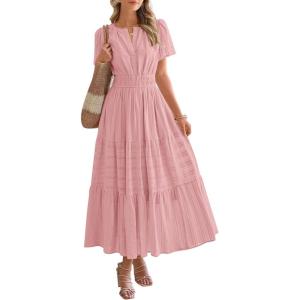 imageBTFBM Womens Summer 2025 Casual Midi Maxi Dresses Lightweight Short Sleeve V Neck Elastic Waist Boho Beach Dress PocketsBean Paste Pink