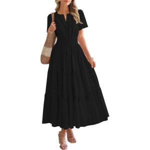 imageBTFBM Womens Summer 2025 Casual Midi Maxi Dresses Lightweight Short Sleeve V Neck Elastic Waist Boho Beach Dress PocketsBlack