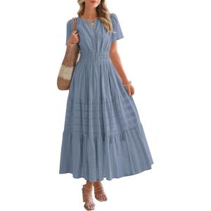 imageBTFBM Womens Summer 2025 Casual Midi Maxi Dresses Lightweight Short Sleeve V Neck Elastic Waist Boho Beach Dress PocketsBlue Grey