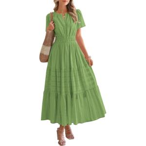 imageBTFBM Womens Summer 2025 Casual Midi Maxi Dresses Lightweight Short Sleeve V Neck Elastic Waist Boho Beach Dress PocketsGreen