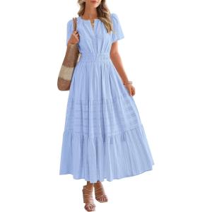 imageBTFBM Womens Summer 2025 Casual Midi Maxi Dresses Lightweight Short Sleeve V Neck Elastic Waist Boho Beach Dress PocketsLight Blue