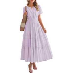 imageBTFBM Womens Summer 2025 Casual Midi Maxi Dresses Lightweight Short Sleeve V Neck Elastic Waist Boho Beach Dress PocketsLight Pink Purple