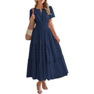 imageBTFBM Womens Summer 2025 Casual Midi Maxi Dresses Lightweight Short Sleeve V Neck Elastic Waist Boho Beach Dress PocketsNavy