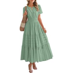 imageBTFBM Womens Summer 2025 Casual Midi Maxi Dresses Lightweight Short Sleeve V Neck Elastic Waist Boho Beach Dress PocketsSage Green