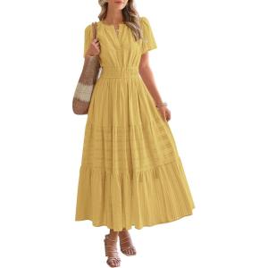 imageBTFBM Womens Summer 2025 Casual Midi Maxi Dresses Lightweight Short Sleeve V Neck Elastic Waist Boho Beach Dress PocketsYellow