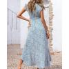 imageBTFBM Summer Floral Maxi Dress for Women 2025 Vacation Ruffle Sleeve V Neck Belt Wrap Spring Beach Wedding Guest DressesFloral Print Blue