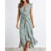 imageBTFBM Summer Floral Maxi Dress for Women 2025 Vacation Ruffle Sleeve V Neck Belt Wrap Spring Beach Wedding Guest DressesFloral Print Green