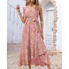 imageBTFBM Summer Floral Maxi Dress for Women 2025 Vacation Ruffle Sleeve V Neck Belt Wrap Spring Beach Wedding Guest DressesFloral Print Red