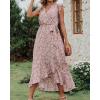 imageBTFBM Summer Floral Maxi Dress for Women 2025 Vacation Ruffle Sleeve V Neck Belt Wrap Spring Beach Wedding Guest DressesFloral Print Wine Red White