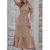 imageBTFBM Women Casual Summer Dresses 2025 Spring Crew Neck Ruffle Short Sleeve Floral Print Smocked Boho Flowy Maxi DressDot Apricot Brown