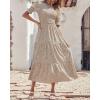 imageBTFBM Women Casual Summer Dresses 2025 Spring Crew Neck Ruffle Short Sleeve Floral Print Smocked Boho Flowy Maxi DressDot Apricot Coffee