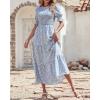 imageBTFBM Women Casual Summer Dresses 2025 Spring Crew Neck Ruffle Short Sleeve Floral Print Smocked Boho Flowy Maxi DressDot Blue White