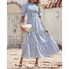 imageBTFBM Women Casual Summer Dresses 2025 Spring Crew Neck Ruffle Short Sleeve Floral Print Smocked Boho Flowy Maxi DressDot Blue White