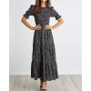 imageBTFBM Women Casual Summer Dresses 2025 Spring Crew Neck Ruffle Short Sleeve Floral Print Smocked Boho Flowy Maxi DressFloral Black White