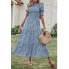 imageBTFBM Women Casual Summer Dresses 2025 Spring Crew Neck Ruffle Short Sleeve Floral Print Smocked Boho Flowy Maxi DressFloral Blue White
