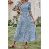 imageBTFBM Women Casual Summer Dresses 2025 Spring Crew Neck Ruffle Short Sleeve Floral Print Smocked Boho Flowy Maxi DressFloral Blue White