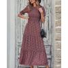 imageBTFBM Women Casual Summer Dresses 2025 Spring Crew Neck Ruffle Short Sleeve Floral Print Smocked Boho Flowy Maxi DressFloral Wine Red White