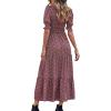 imageBTFBM Women Casual Summer Dresses 2025 Spring Crew Neck Ruffle Short Sleeve Floral Print Smocked Boho Flowy Maxi DressFloral Wine Red White
