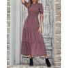 imageBTFBM Women Casual Summer Dresses 2025 Spring Crew Neck Ruffle Short Sleeve Floral Print Smocked Boho Flowy Maxi DressFloral Wine Red White