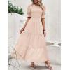 imageBTFBM Women Casual Summer Dresses 2025 Spring Crew Neck Ruffle Short Sleeve Floral Print Smocked Boho Flowy Maxi DressSolid Beige