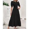imageBTFBM Women Casual Summer Dresses 2025 Spring Crew Neck Ruffle Short Sleeve Floral Print Smocked Boho Flowy Maxi DressSolid Black